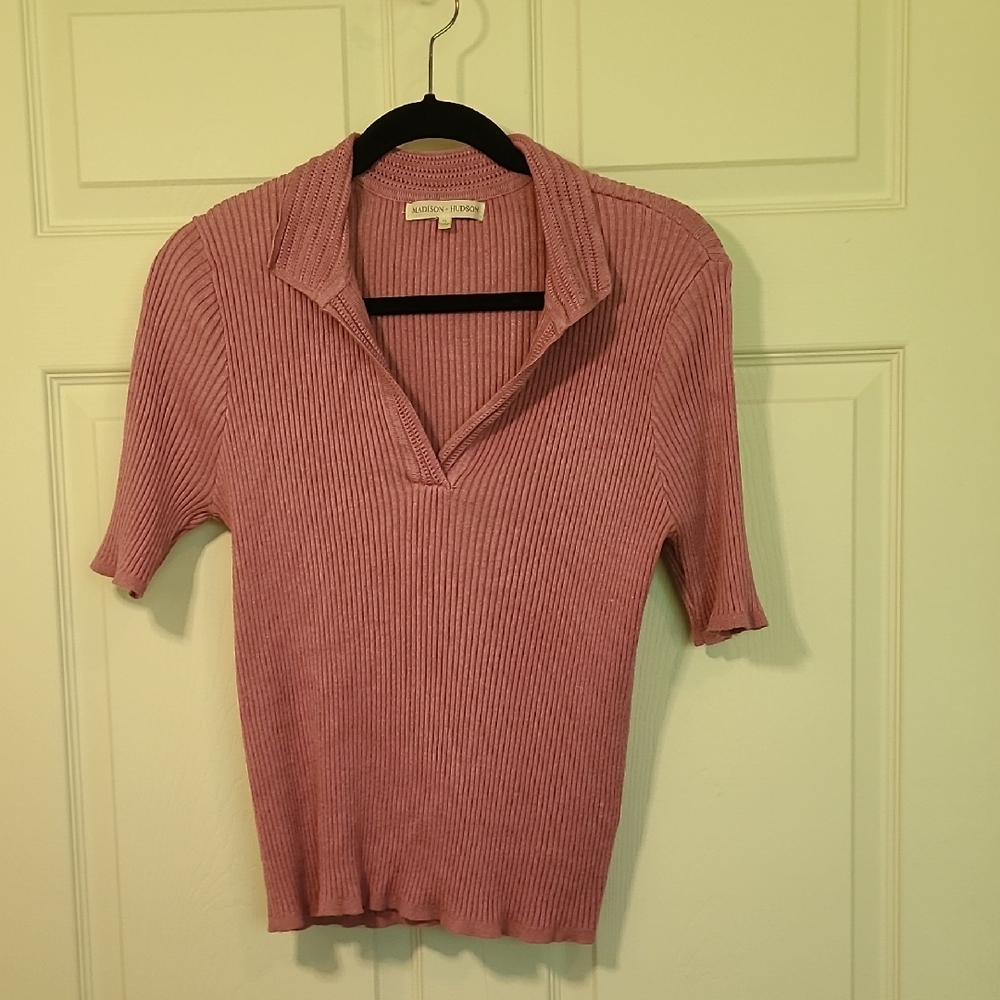 Y2K Preppy Mauve Ribbed Knit Top Size XL Madison Hudson